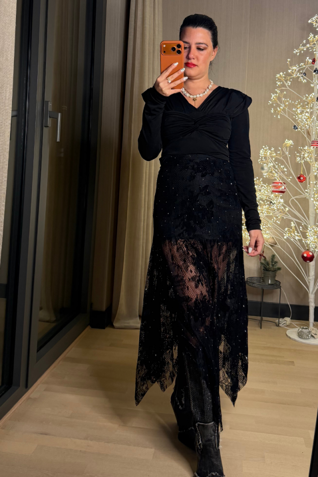 Taşlı Dantelli Asimetrik Etek