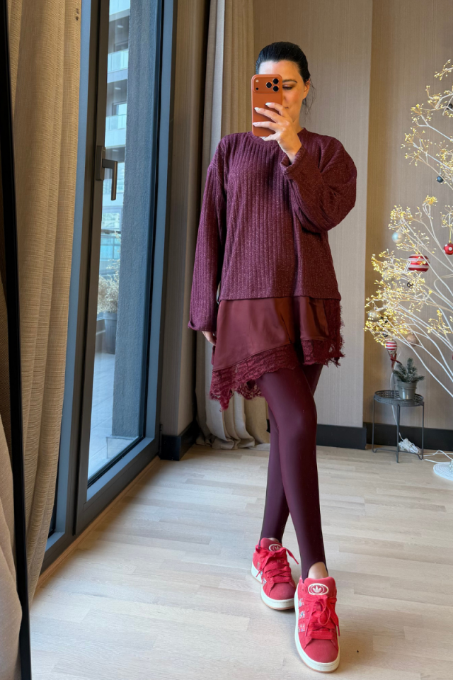 Dantel Saten Parçalı Mürdüm Triko Bluz / Elbise