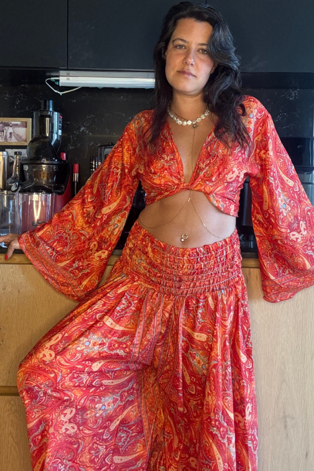 Mercan Renkli İthal İpek Bağlamalı Bolero ve Palazzo Pantolon