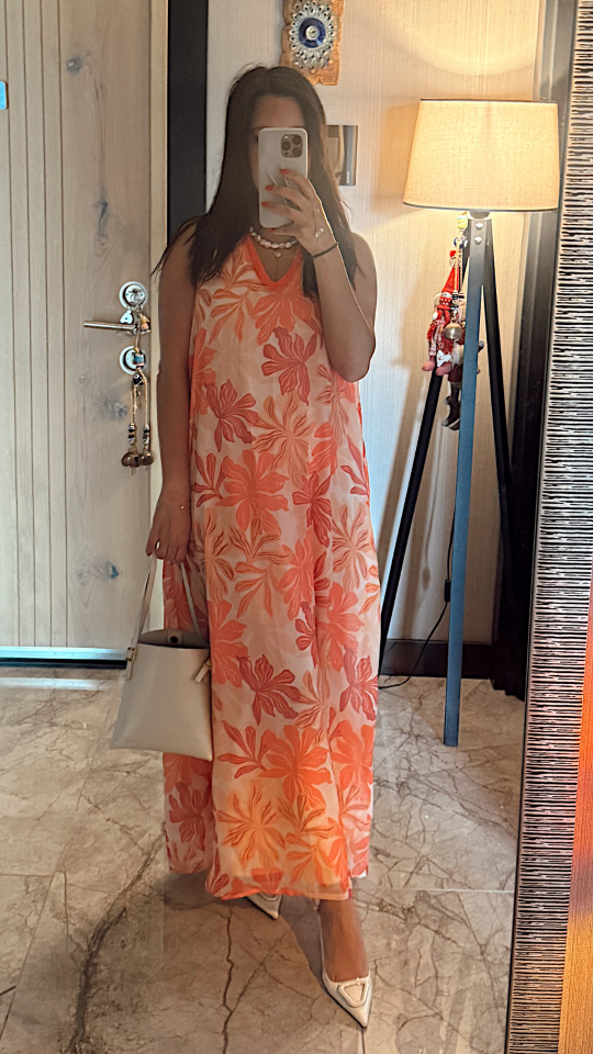 Mercan Renkli Uzun Elbise