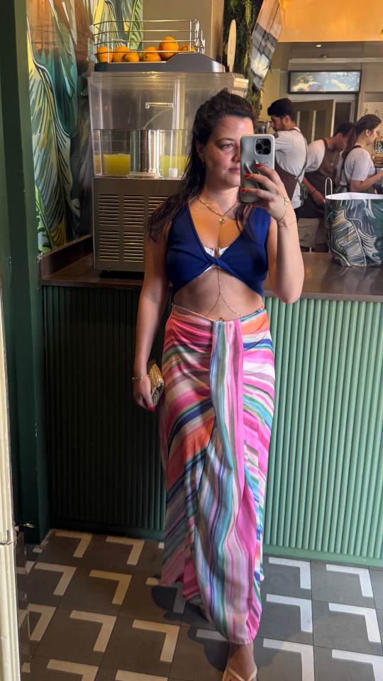 Renkli, Önü Düğüm Detaylı Pareo Görünümlü Keten Etek