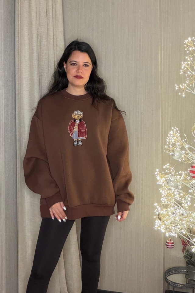 Ayıcık Nakışlı Sweatshirt Kahve