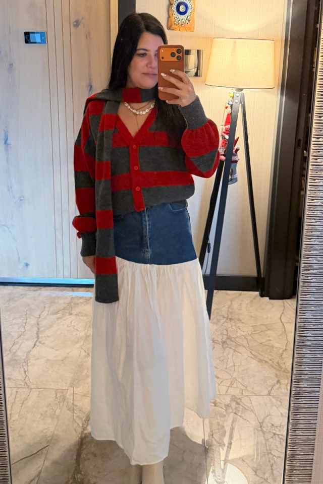 Çizgili Atkılı Hırka Antrasit Kırmızı