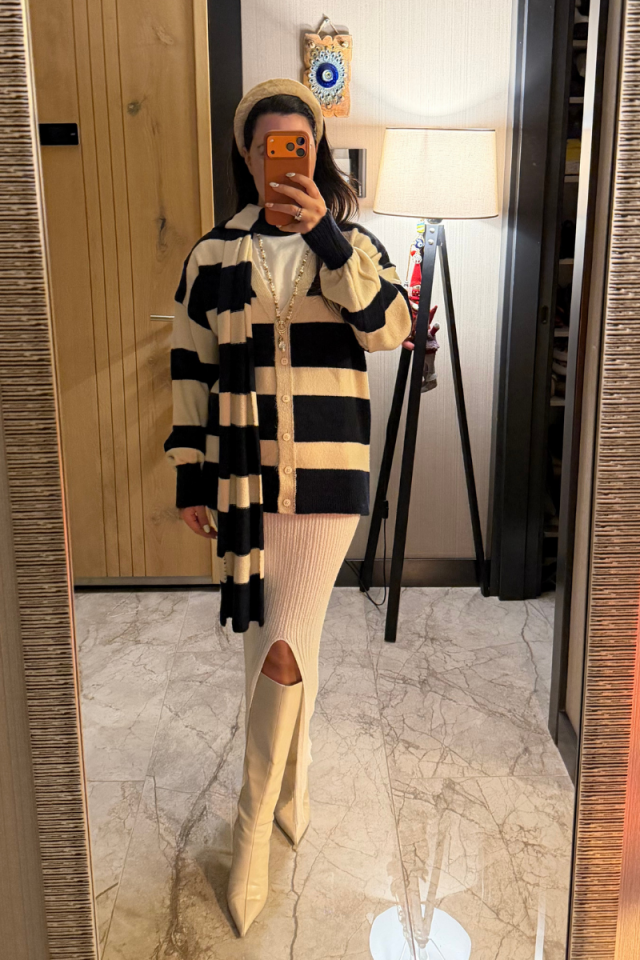 Çizgili Atkılı Hırka Lacivert Vanilya