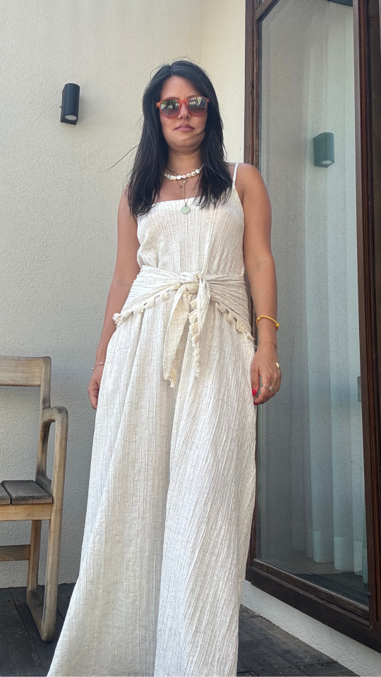 Şal Detaylı Keten Elbise