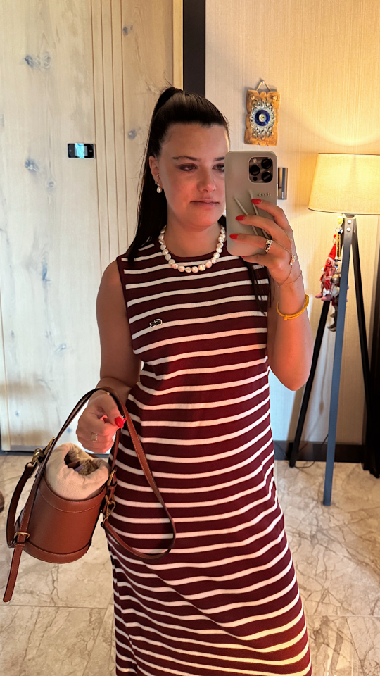 Sıfır Yaka Çizgili Maxi Premium Marka Elbise