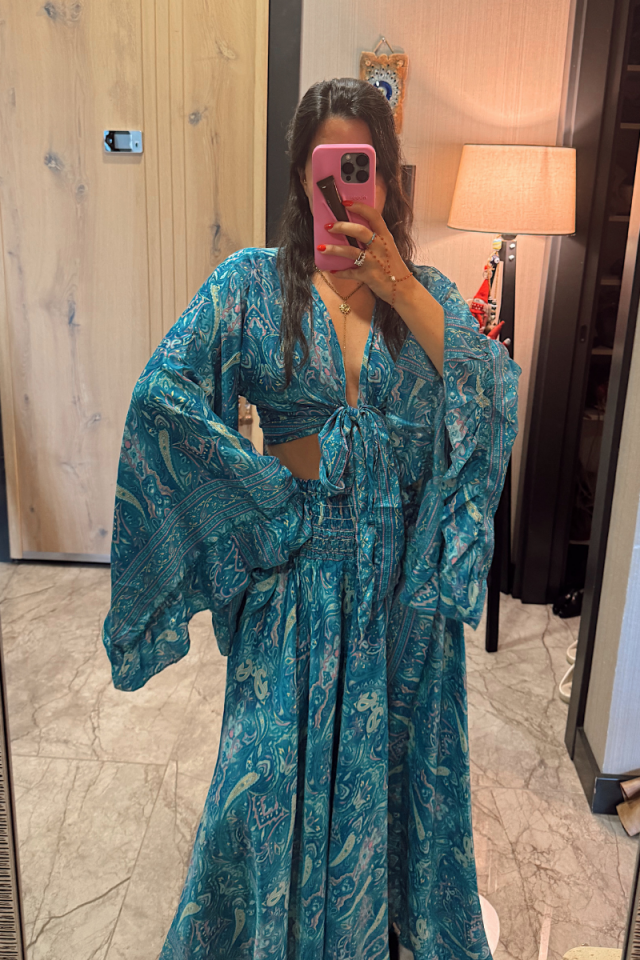 Turkuaz Renkli İthal İpek Bağlamalı Bolero ve Palazzo Pantolon