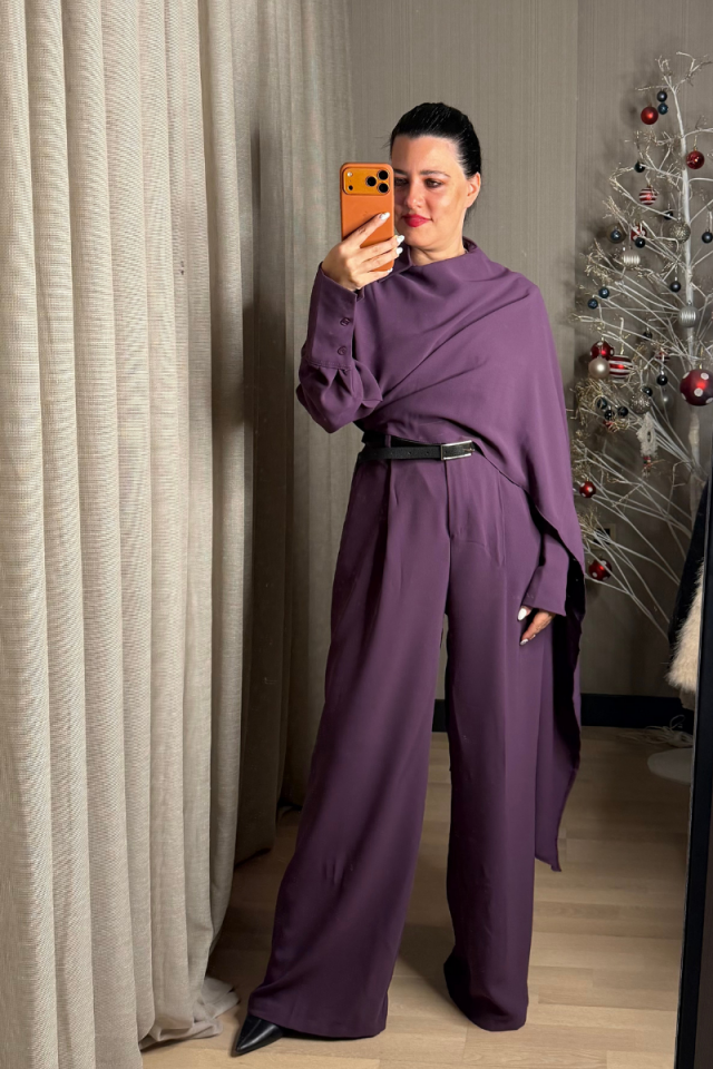 Boyun Şallı Gömlek Kemerli Pantolon Takım - Mor