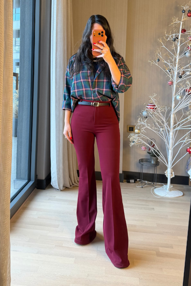 İspanyol Paça Kemerli Bordo Pantolon