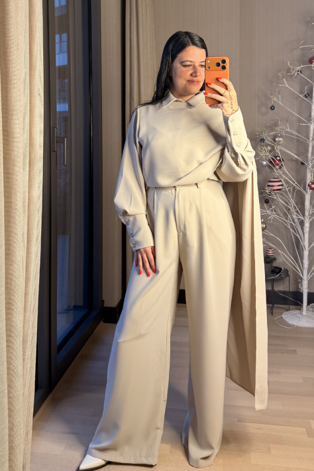 Boyun Şallı Gömlek Kemerli Pantolon Takım - Taş Rengi