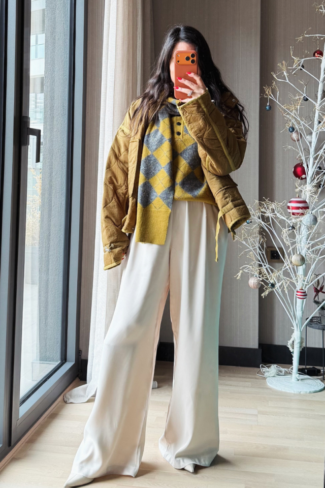 Kendinden Şallı Baklava Desenli Polo Yaka Triko - Yağ Yeşili/gri