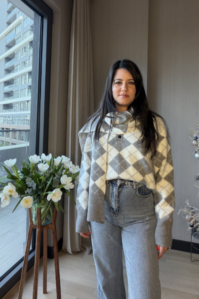 Kendinden Şallı Baklava Desenli Polo Yaka Triko - Gri/Beyaz