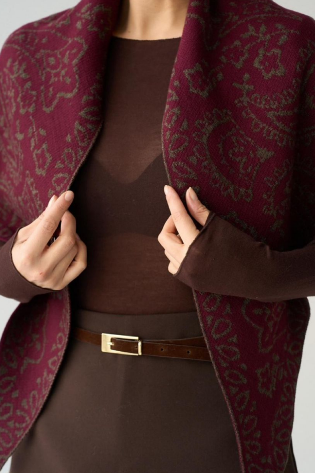 Bordo Melanj-Gri Çift Taraflı Desenli Triko Şal-Büyük Boy