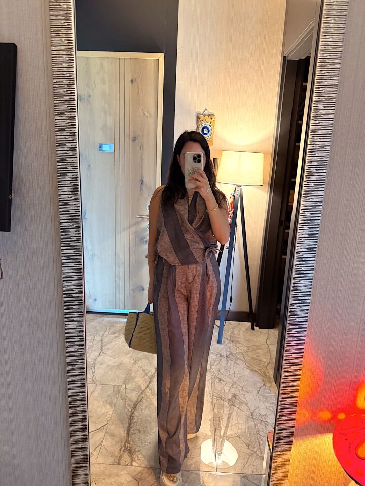 Krem Siyah Çizgili Keten Marka Muadil Pantolon