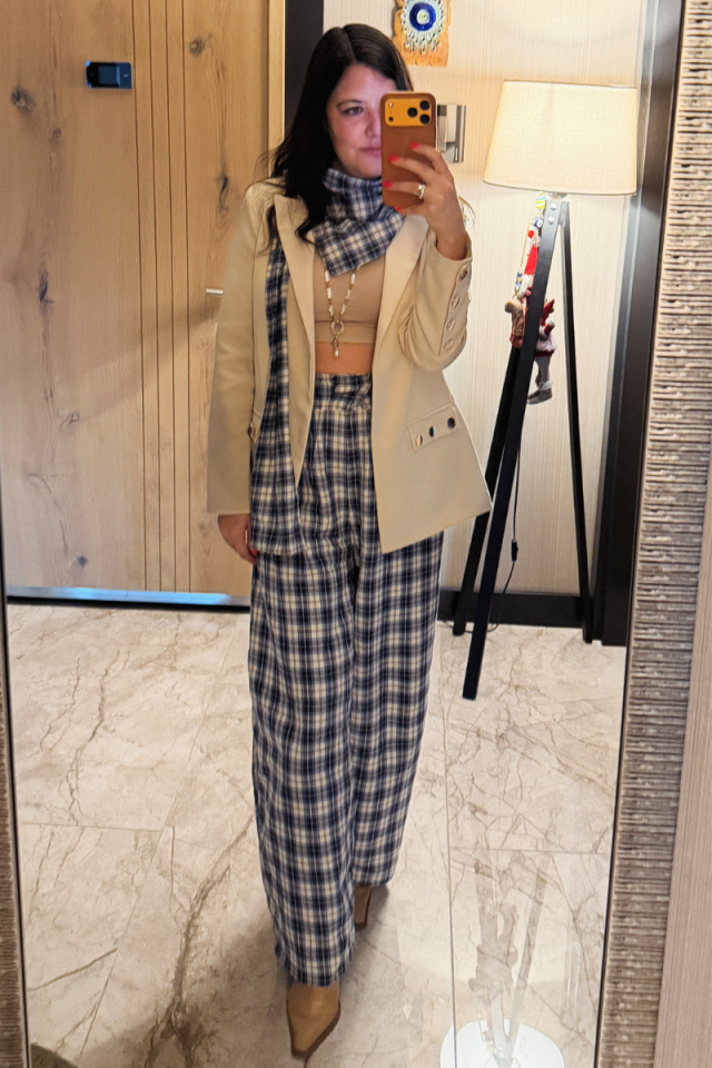 Kemer/Fular Detaylı Ekose Pantolon