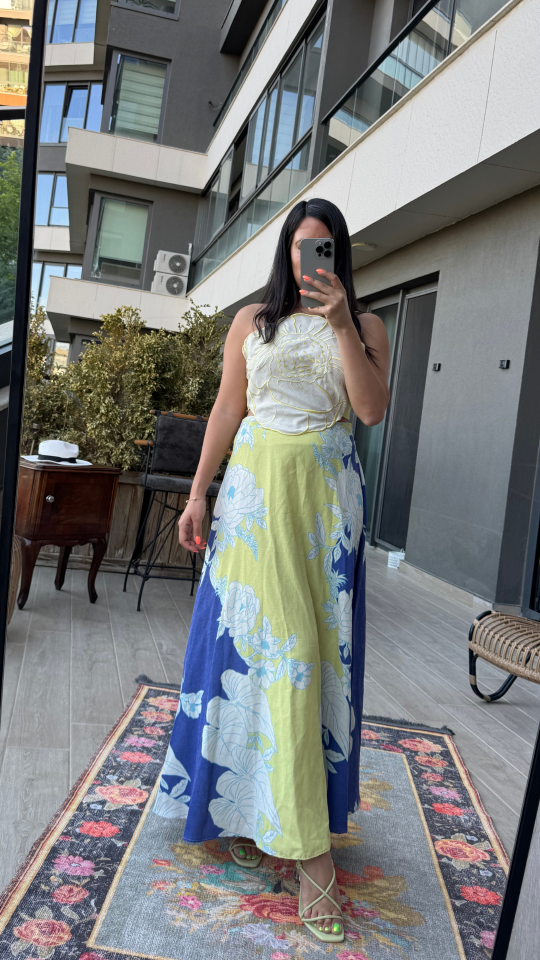 Keten Sırt Dekolteli Floransa Elbise Mavi Sarı