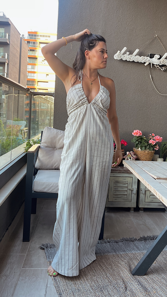 Keten Sırt Ve Göğüs Dekolteli Tulum