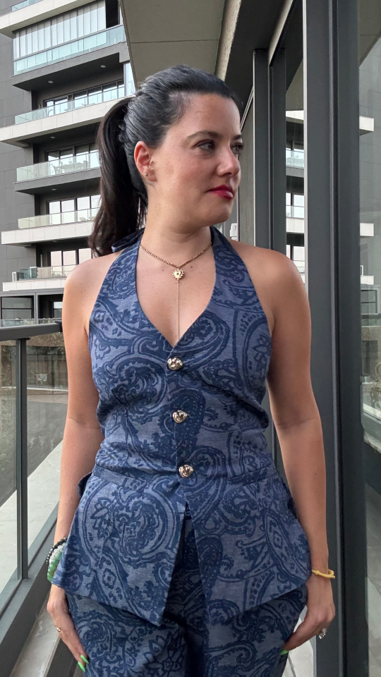 Şal Desenli Sırt ve Bel Dekolteli Denim Lacivert Takım