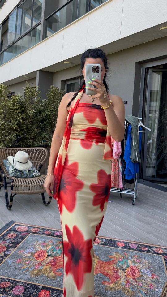 Çiçek Desenli Etek Sarı Takım