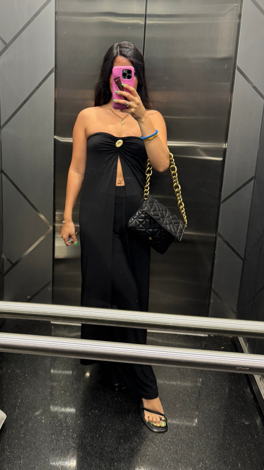 Gold Düğme Detaylı Pelerinli Straplez Takım