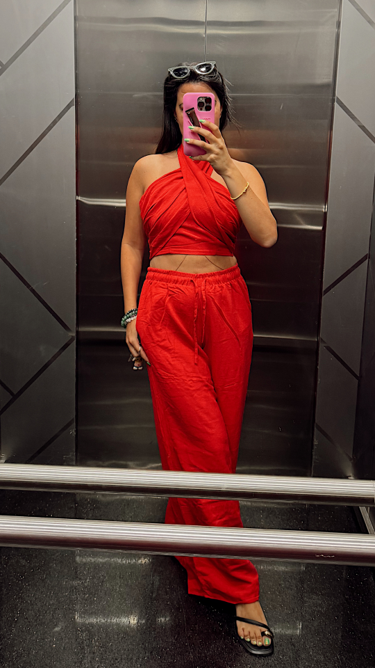 Kırmızı Boyundan Bağlamalı Keten Takım