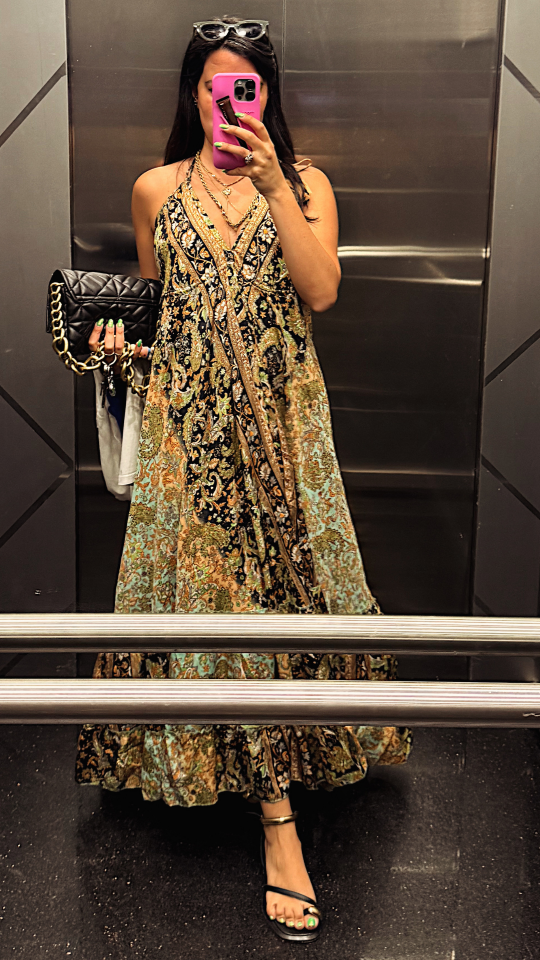 Siyah Yeşil Şal Desenli İthal Elbise