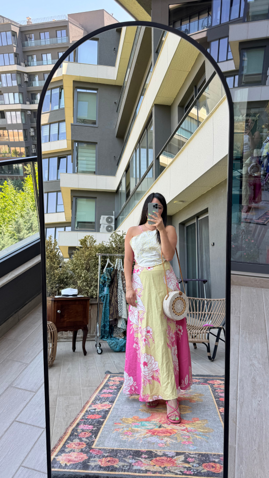 Keten Sırt Dekolteli Floransa Elbise Sarı Pembe