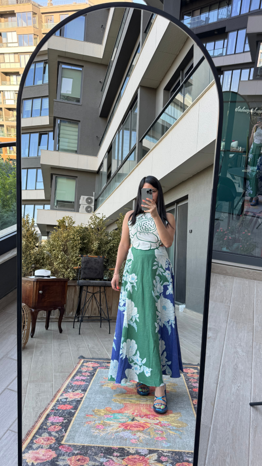 Keten Sırt Dekolteli Floransa Elbise Mavi Yeşil