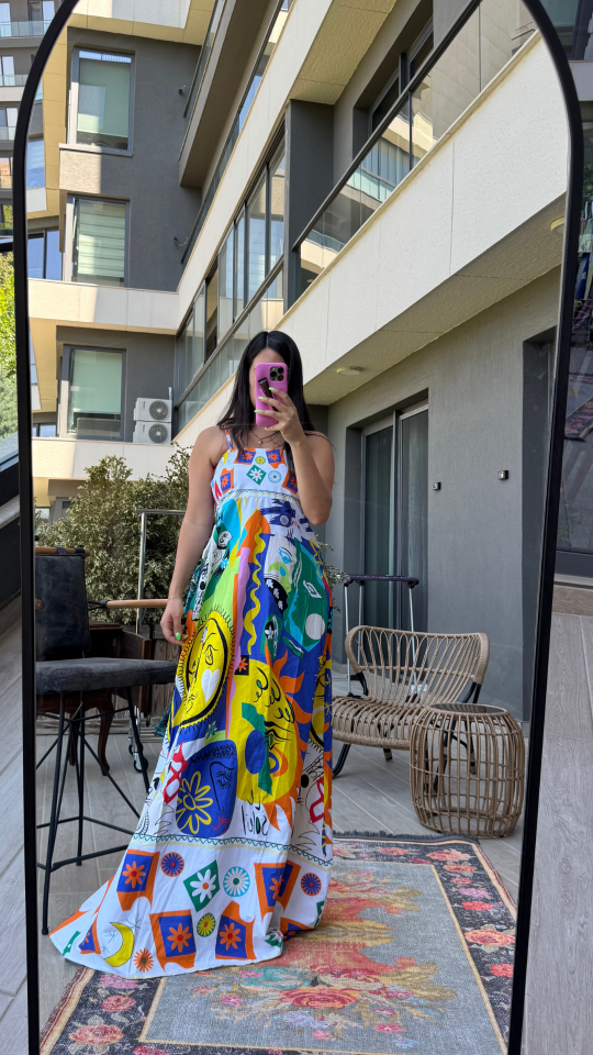 Askılı Kare Yaka Güneş Desenli Elbise