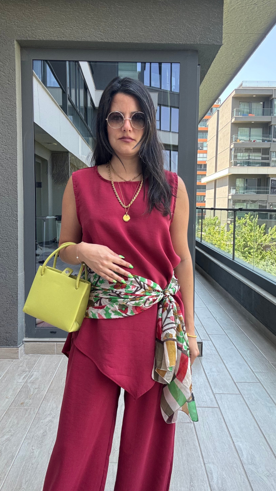 Asimetrik Bluzlu Bordo Takım