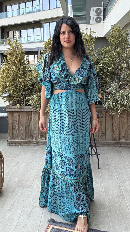 Bel Dekolteli Şal Desenli İthal Elbise