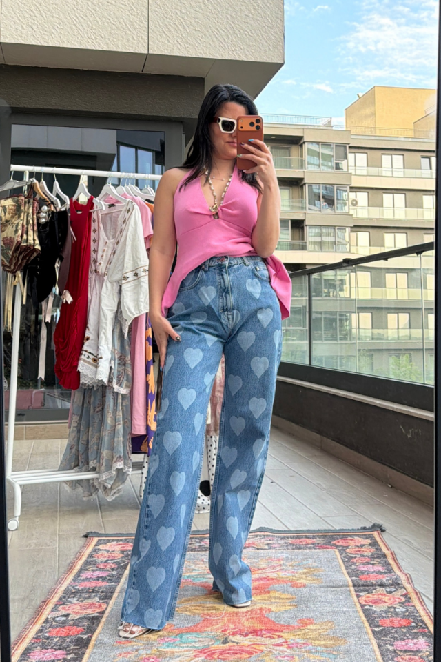 Kalp Baskılı Wide Leg Jean