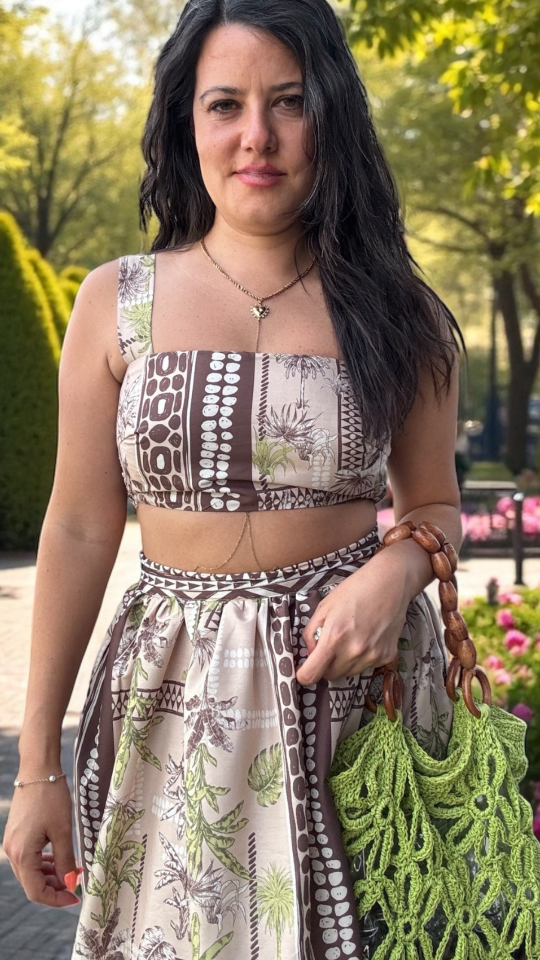 Amazon Desenli Crop Bluz Etek Takım