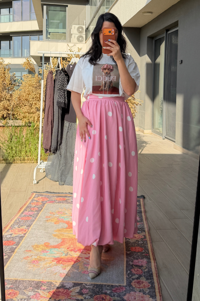 Puantiyeli Balon Etek Pembe