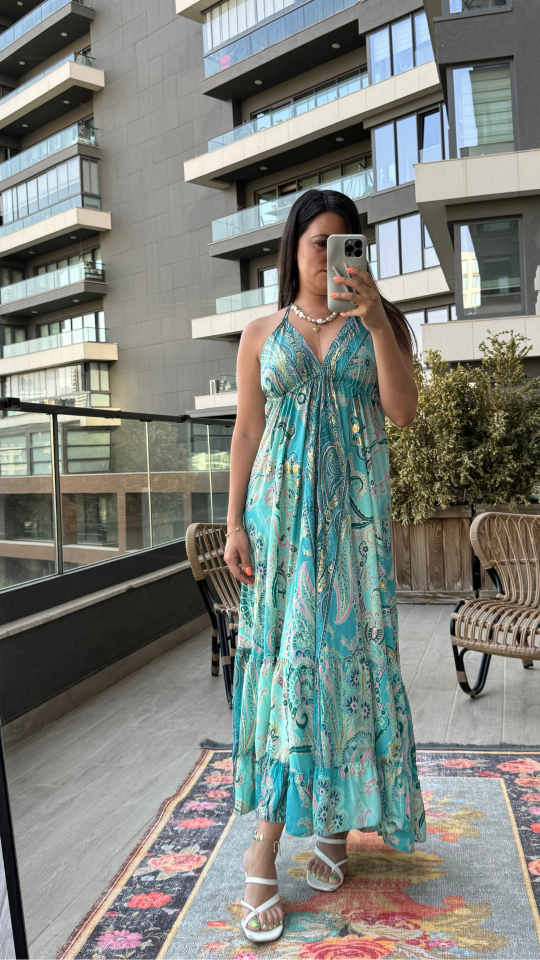 Yeşil Şal Desenli İthal Elbise