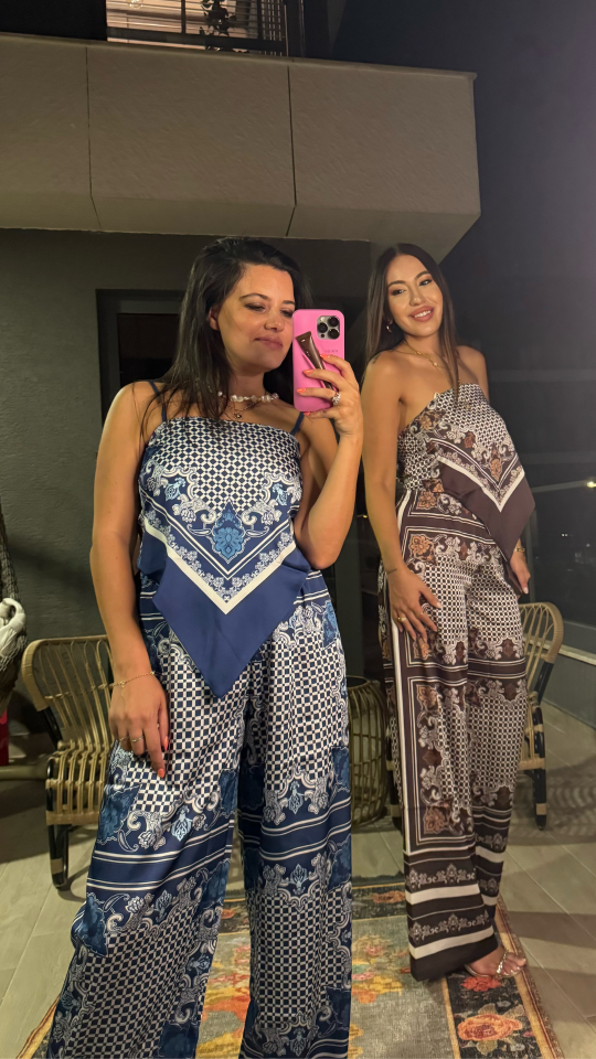 Desenli Üçgen Bluz Pantolon Takım