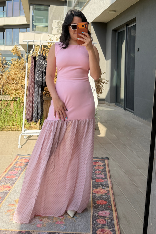 Puantiyeli Pembe Maxi Elbise