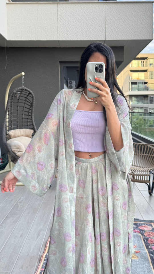 Çiçek Desenli Su Yeşili Tül Şalvar Pantolon Kimono Takım