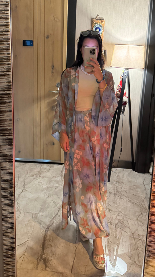 Mavi Çiçek Desenli Tül Şalvar Pantolon Kimono Takım