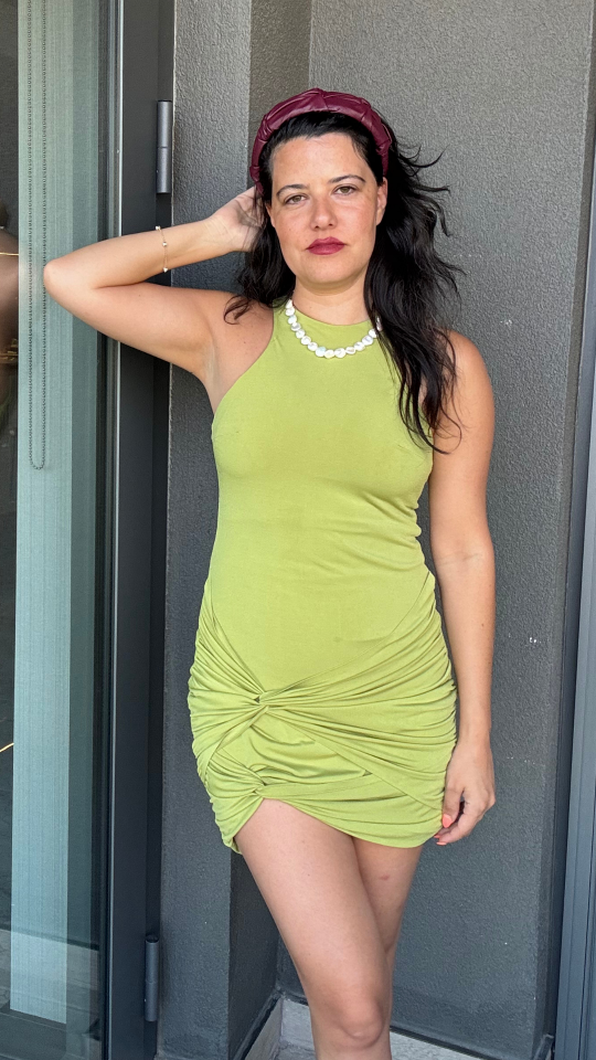 Halter Yaka Fıstık Yeşili Mini Elbise