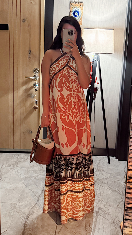 Etnik Desenli Halter Yaka Maxi Elbise