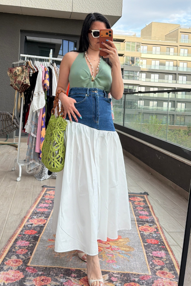 Üstü Denim Detaylı Poplin Etek
