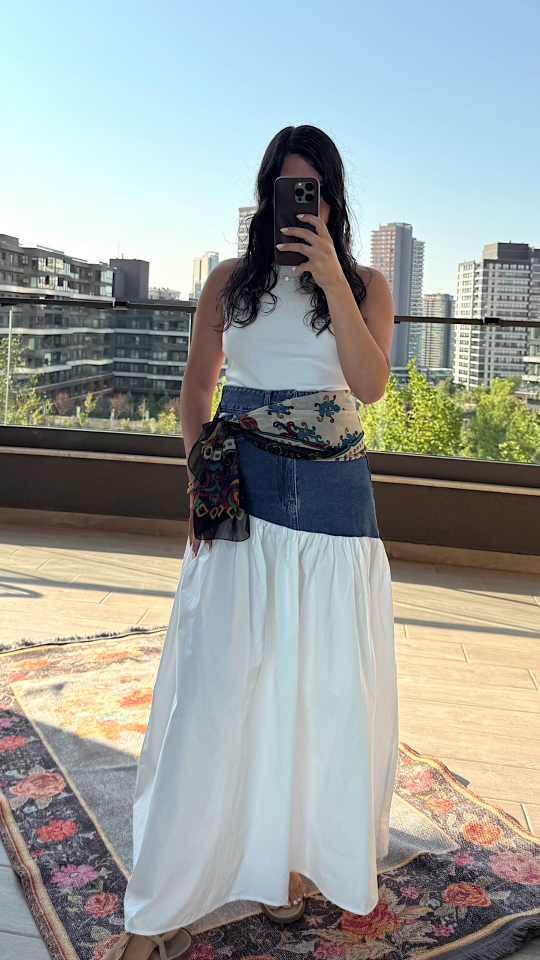 Üstü Denim Detaylı Poplin Etek