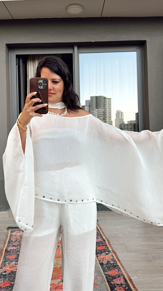 Zımbalı Bluz Pantolon Takım Beyaz