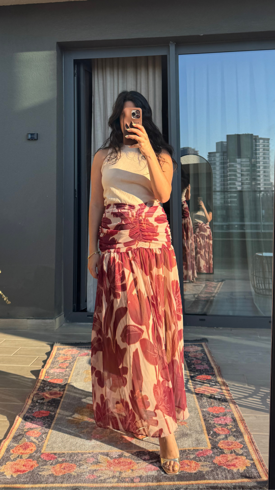 Bordo Çiçek Desenli Drapeli Etek