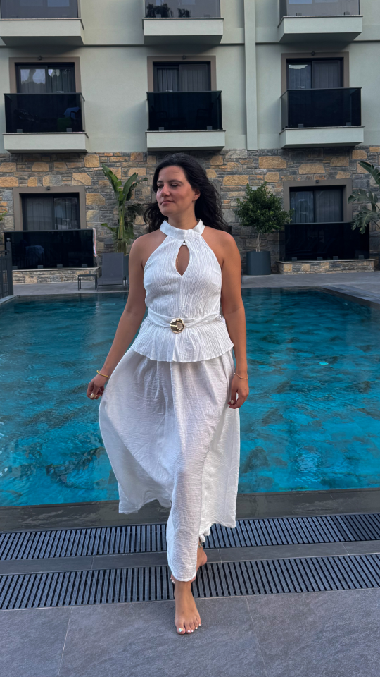 Piliseli Halter Yaka Bluz Etek Takım