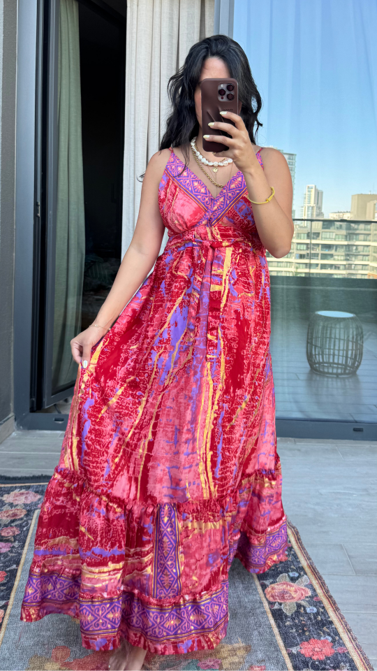 İşlemeli Pembe Mor İthal Elbise