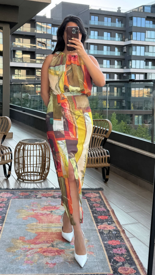 Desenli Keten Elbise