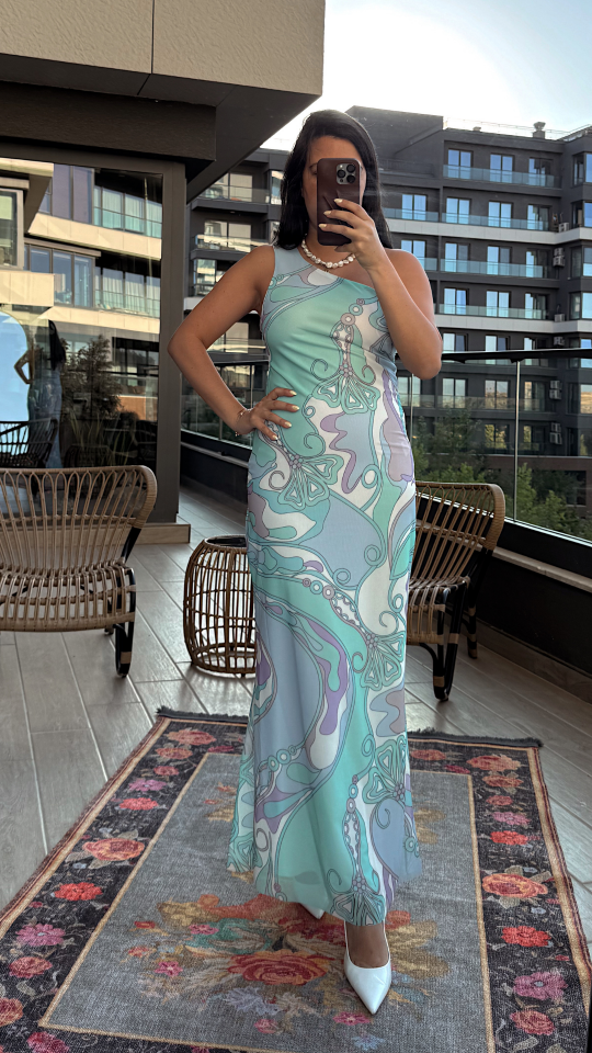 Tek Omuzlu Desenli Elbise