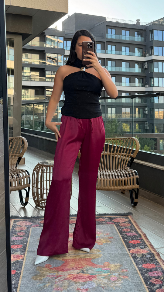 Vişne Rengi Saten Pantolon